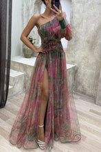 Women New Party Mesh Sloping Shoulder Dress Casual Fashion Sexy High Waist Long Maxi Loose Dress
