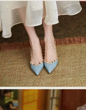 Women Sandals Rivets Pointed Toe Slingbacks Patent Leather Mid Heels Pumps Blue Snakeskin Pattern Slip on Sandalias Mujer