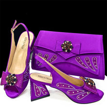 Venus Chan-Italian Shoes and Bags Matching Set for Women Bow Rhinestones Peep Toe High Heels Purple Color Nigerian Party 2024