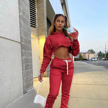 Women's Fitness Running Sets Fleece Long Sleeve Cropped Hoodies+Jogger Tracksuit