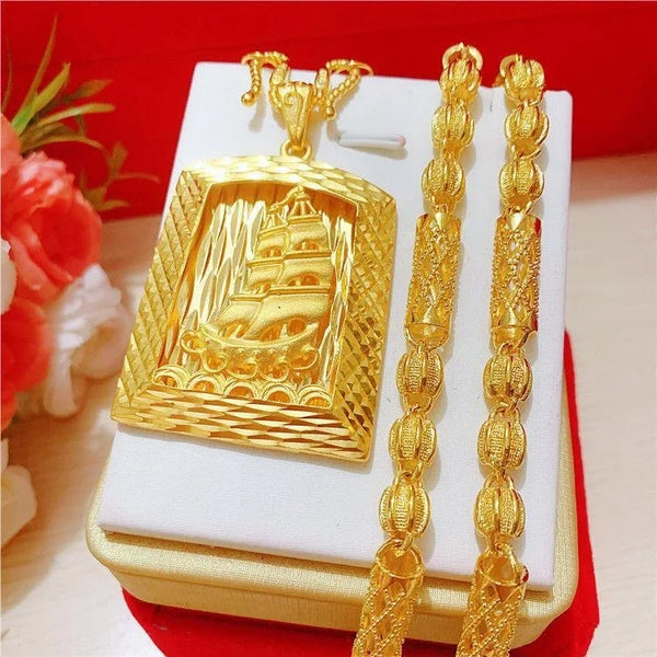 9999 24K Real Gold Smooth Sailing Necklace Pendant Hollowed Out Car Flower Bamboo Chain Domineering Men's Chain Gold Necklace