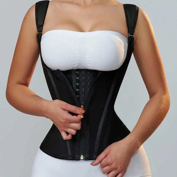 Latex waist cincher corset-style tummy control belt with zipper and button closure, retro shaping top.