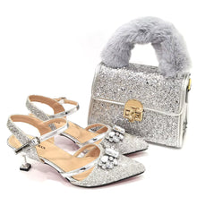 Women's Italian Fashion Peep Toe Pump Shoes with Matching Bag Set for Wedding And Party Med Heel Bling Embellished Mary Janes