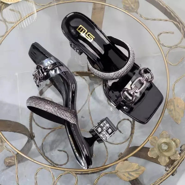 Womens Slippers with Middle Heel Open Toes Anti Slip Rhinestones Chain Buckle 2025 New Summer Outdoor PU Fashion Slippers