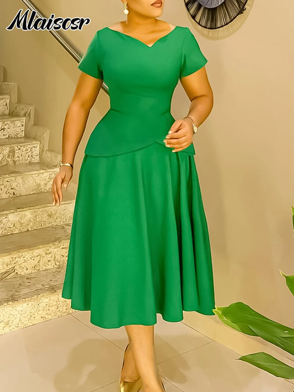 Mlaiscsr Fashion V-neck Short Sleeved Wide Hem A-Line Mid Dress Elegant Birthday Evening Party Cocktail Party African Vestidos