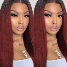 Yaki Long Ombre 99J Glueless 30'' Kinky Straight Lace Front Wig For Women With Baby Hair Synthetic Preplucked Daily Wig
