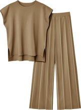 2 Piece Sets Women Outfit Sleeveless Casual T Shrit Top Knitted Vest Wide-leg Pants Ice Summer New Solid Color Casual Outfit