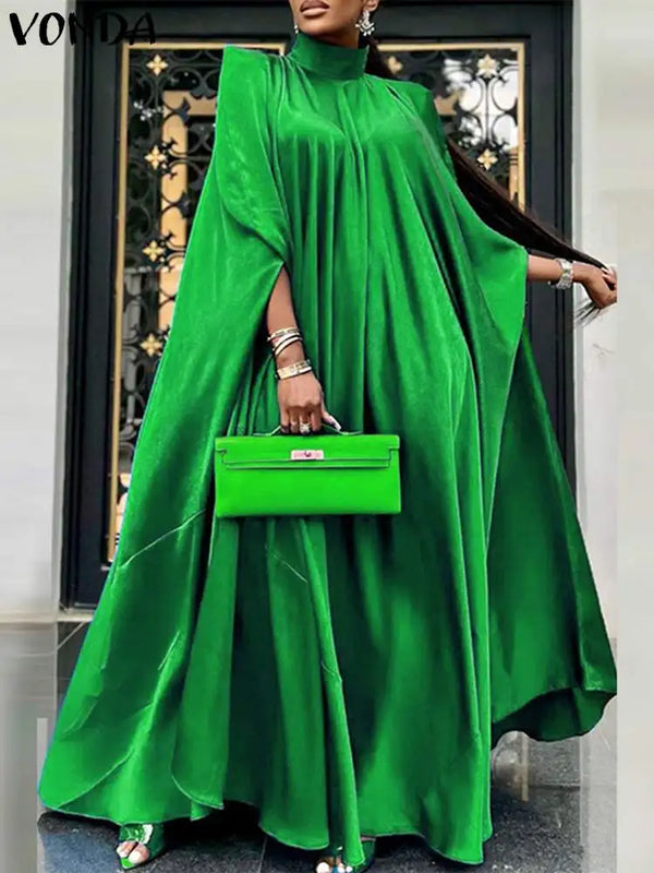 Women Evening Maxi Dress VONDA 2023 Summer Stand Collar Elegant Satin Long Bat Sleeve Pleated Sundress Casual Solid Robe Femme