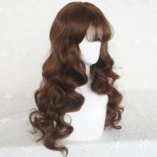 Long Wavy Brown Wig with Bangs Synthetic Women Lolita Cosplay Fluffy Natural Heat Resistant Hair Wig for Daily Party