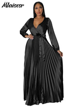 Mlaiscsr Elegant Wedding Guest Pleated Long Dress Women V Neck Lantern Sleeves Sashes Big Swing Sexy Birthday Party Evening Robe