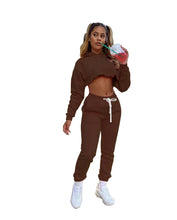 Women's Fitness Running Sets Fleece Long Sleeve Cropped Hoodies+Jogger Tracksuit
