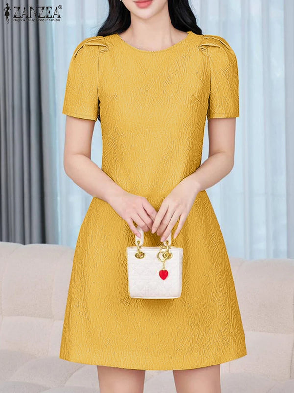 ZANZEA Korean Fashion Puff Sleeve Short Dresses Commute Elegant Solid Fitted Waist Party Robes Women Textured A-line Vestidos