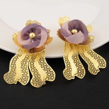 Gold Plated Purple Big Flower Necklace Earrings Bracelet Ring Set  for Women Weddings Party Luxury Jewelry Set for Dubai Bridal