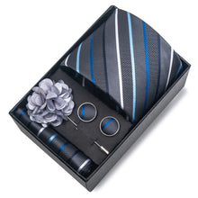 Top Grade Fashion 8 cm Wide Tie Sets Blue Stripe Men's Gravata Handkerchief Cufflink Box Fit Group Workplace Wedding Tie