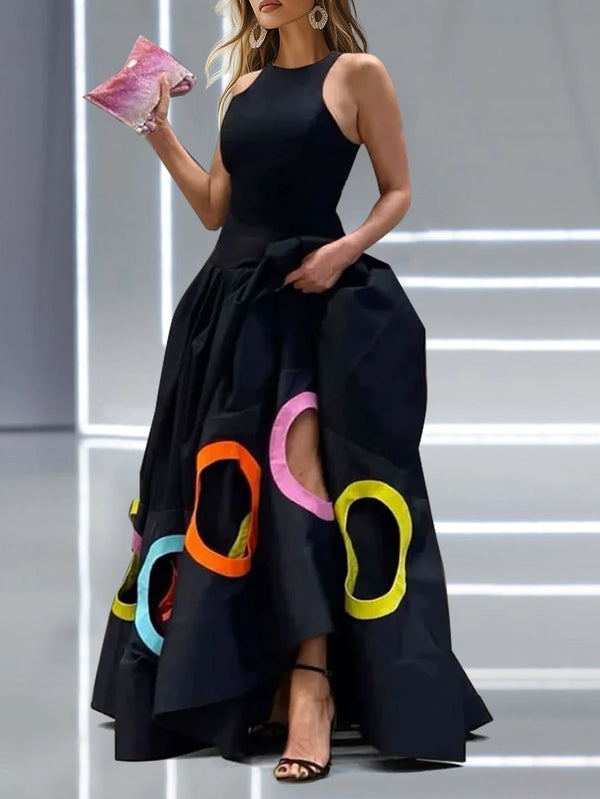 2025 Summer Women Elegant Party Evening Maxi Dresses Fashion Rainbow Printed Circle Hollow Out High Waist A-line Long Dress