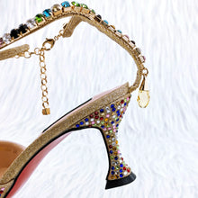 New Gold Glitter Fabric Pointed Toe High Heels With A Variety Of Shapes Of Rhinestones Fashion Party Ladies Shoes And Bag