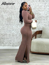 Mlaiscsr Knit Ribbed Elegant Evening Dresses Women Long Sleeve Side Split Slim Bodycon Sexy Birthday Party Prom Fall Winter Robe