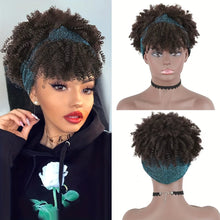 Short Kinky Curly Headband Wig Afro Puff Curly Headband Wig with Bangs for Women Natural Ombre Blonde Synthetic Turban Wrap Wig