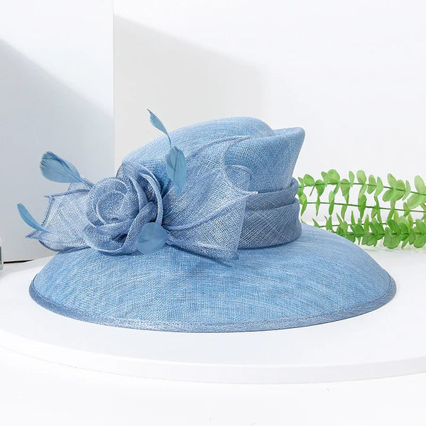 Luxury Blue Sinamay Church Hat For Women Elegant Feather Wedding Bridal Bowler Hats Cocktail Party Derby Cap Chapeau Femme