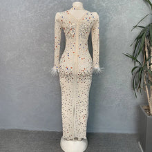 CM.YAYA Vintage Women Mesh See Though Crystal Feather Hem Long Sleeve Bodycon Midi Maxi Long Dress Sexy Party Club Dresses