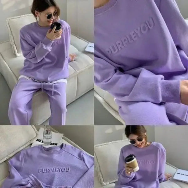 Women's Purple Sports Suit Spring And Autumn 2023 New Casual Fashion Style Loose Long Sleeve Sweater Tops Pants 2 Two Piece Set