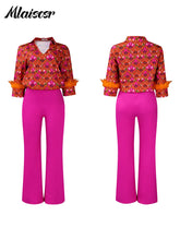 Mlaiscsr Elegant Print Feather Long Sleeve and Wide Leg Pants 2 Pieces Women Matching Sets Fashion Office Lady Birthday Outfits