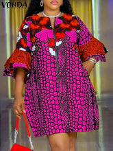 Plus Size 5XL VONDA Women Bohemian Printed Dress 2025 Summer Short Dress Flare Sleeve Party Sundress Casual Vestido Robe Femme