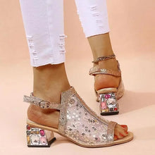 2023 New Women Summer Fashion Mid Heels Peep Toe Shoes for Women Glitter Sandals Ladies Buckle Strap Bling  Rhinestone Sandals