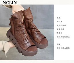 2024 New Summer Women Sandals Round Toe Chunky Heel Platform Shoes Genunine Leather Cover Heel GLADIATOR Sandals Women Handmade