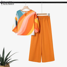 2PCS Summer Pant Sets ZANZEA Fashion Women Outfits 3/4 Sleeve Printed Blouse Trousers Suit Casual Work Tracksuits Matching Sets