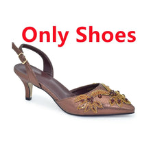 2025 New Designer Specials Italian Women Heels Shoes and Bag Set Coffee Colour Comfortable Women Pumps with Rhinestone for Party