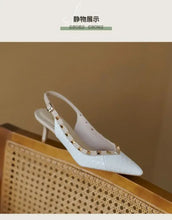 Women Sandals Rivets Pointed Toe Slingbacks Patent Leather Mid Heels Pumps Blue Snakeskin Pattern Slip on Sandalias Mujer