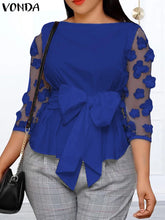 Plus Size 5XL VONDA Women Mesh Blouses 2024 Summer Bohemian Patchwork Tops Belted Blusas Casual Flowers Loose Shirt Oversize
