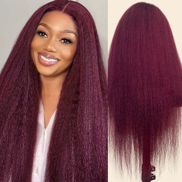 99J Burgundy Colored Kinky Straight 13x4 Lace Front Wig Human Hair Brazilian Remy 13x6 HD Lace Frontal Wig For Women Pre Plucked