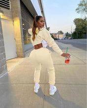 Women's Fitness Running Sets Fleece Long Sleeve Cropped Hoodies+Jogger Tracksuit