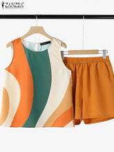 ZANZEA 2025 Summer Printed Tanks Short Suit Women 2PCS Short Sets Holiday Stitching Pleats Outfits Casual Loose Matching Sets