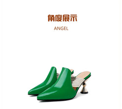 High Heel Slippers Pointed Toe Shoes Woman Elegant Mules Shoes Women Black Green Metal Heel Outdoors Womens Slippers Big Size