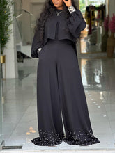 two piece sets women outfits o neck long lantern sleeve tops Embroidered Flares wide leg trousers fashion casual party Pant Sets