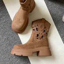 2025 New Women's Suede Western Cowboy Boots, Thick Sole Vintage Cutout, Breathable Elevated Heel, Summer Ankle Boots