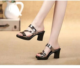 Summer High-heeled Women's Slippers 7cm Thick Heels Bright Skin Fish Mouth All-match Casual Shoes 2024 Luxury Woman Sandals