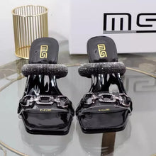 Womens Slippers with Middle Heel Open Toes Anti Slip Rhinestones Chain Buckle 2025 New Summer Outdoor PU Fashion Slippers