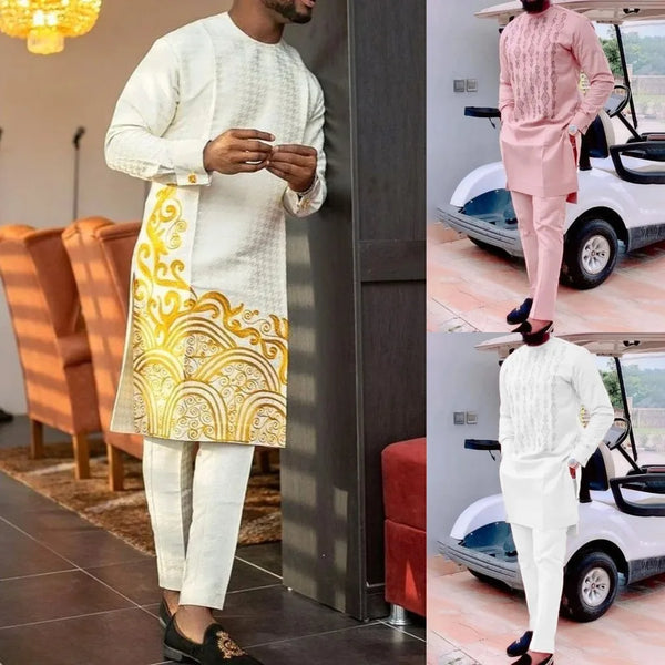 Men's chic casual white geometric print two-piece suit