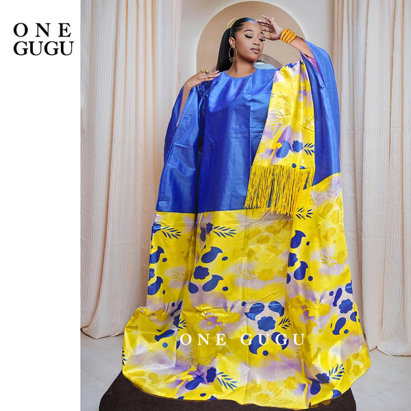 First Quality Hot Stamping Printing African Traditional Dashiki Basin Wedding Dress Blue Bazin Riche Boubou With Tassel Shawl