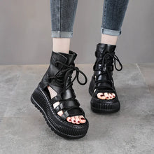Koznoy 8cm Ethnic Cow Genuine Leather Ankle Booties Women Hollow Peep Toe Platform Wedge Breathable Zip Summer Fashion Shoes