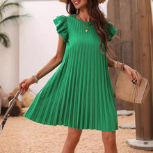 2024 Summer Women Loose Pleated Beach  Solid Dress Ruffle Sleeve Sweetheart Pleated Dress Mini Dress Elegant Green Dresses