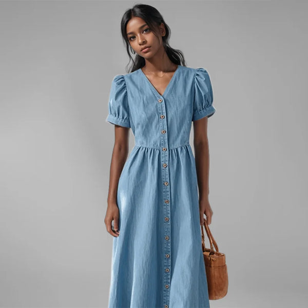 2024 autumn fashion women's blue denim short sleeves dress trendy v-neck single breasted dresses female