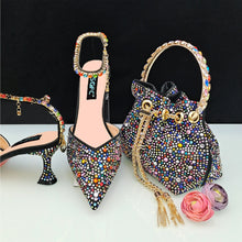 New Gold Glitter Fabric Pointed Toe High Heels With A Variety Of Shapes Of Rhinestones Fashion Party Ladies Shoes And Bag