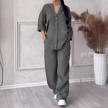 Cotton Linen Sets Two 2 Pieces Sale Casual Long Sleeve Button Loose Blouse Shirt&High Elastic Wide Leg Loose Pant Suits NMD-3021