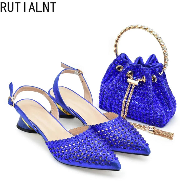 Italian Shoes with Matching Bags Set Decorated with Rhinestone African Shoes for Women Mid Heels Party Pumps  Plus Size Heels 43