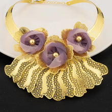 Gold Plated Purple Big Flower Necklace Earrings Bracelet Ring Set  for Women Weddings Party Luxury Jewelry Set for Dubai Bridal